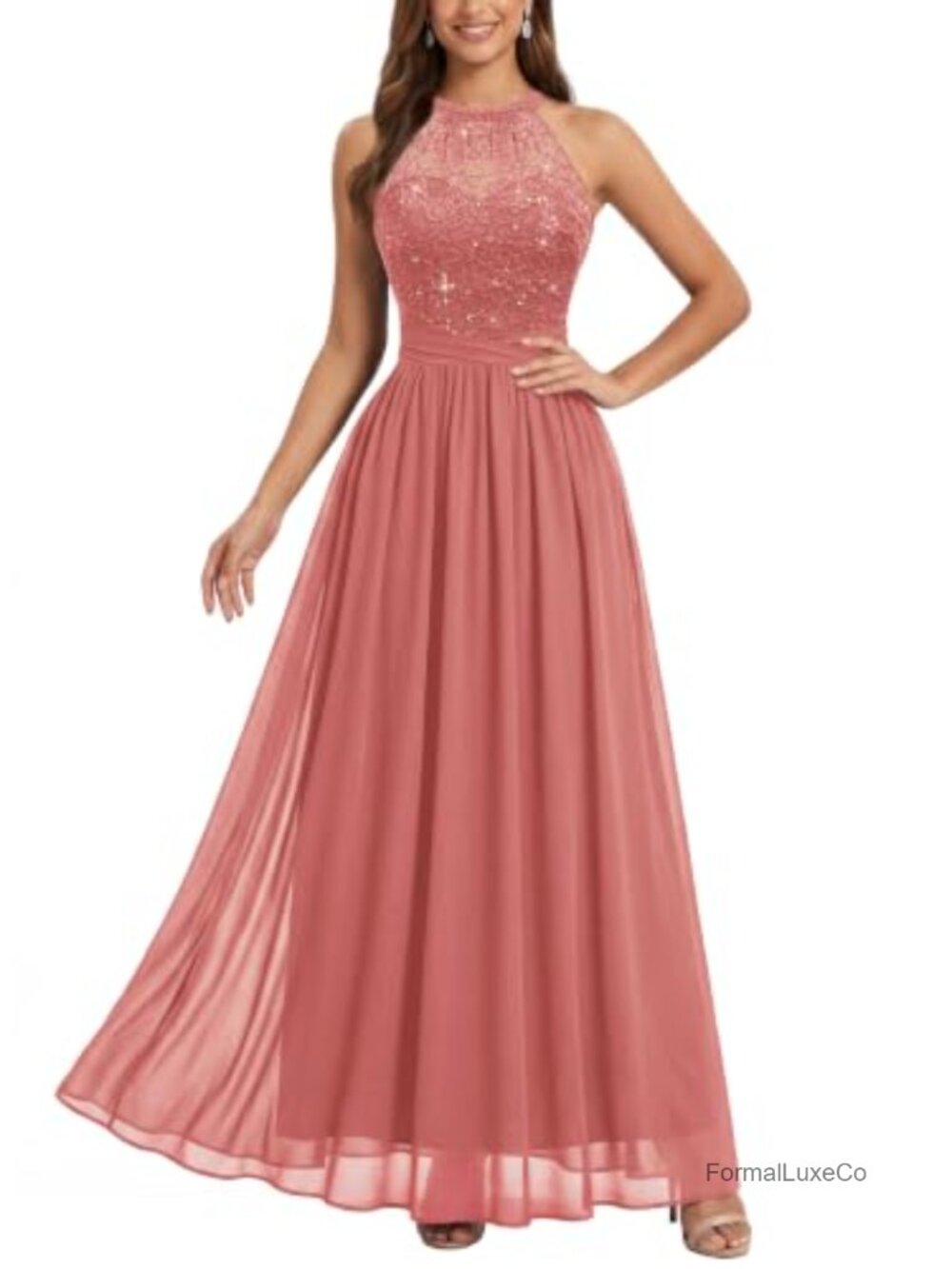 Miusol Halter Tie Back Sequin Lace A-Line Maxi Evening Dress Sleeveless